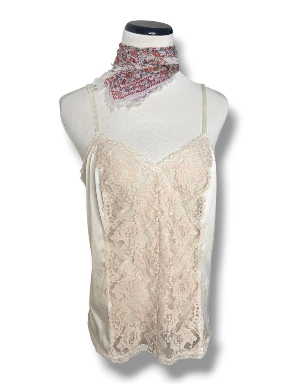 Vintage Off White / Creme Satin Camisole w Floral Lace w adjustable Straps